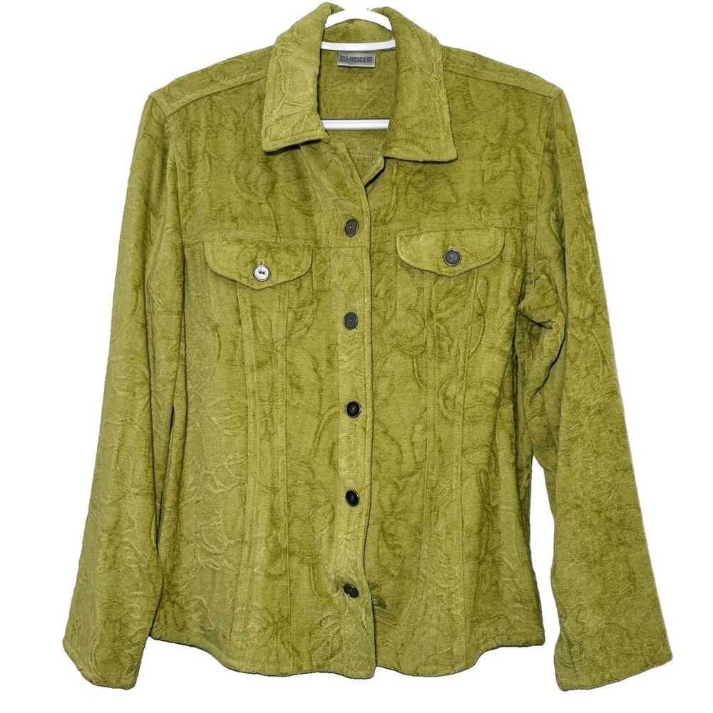 Chico’s Green Embossed Floral Velour Shirt Jacket Button Front Textured Medium